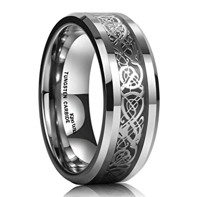 King Will DRAGON Men Tungsten Carbide Ring Wedding Band 8mm Silver Celtic Dragon Inlay Polish Finish