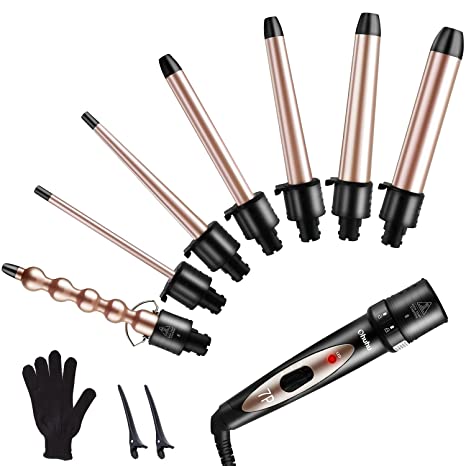 7 in 1 Curling Iron Wand Set, Ohuhu Upgrade Curling Wand with 7Pcs 0.35 to 1.25 Inch Interchangeable Ceramic Barrel and Heat Protective Glove, Dual Voltage Hair Curler, Rose Gold, Valentine's Day Gift