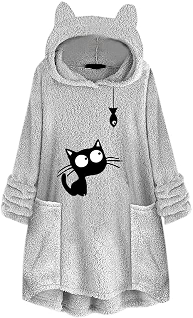 Button Coat for Womens Patchworl Cute Cat Ear Hat Tops Plus Size Hooded Loose Causal Pullovers