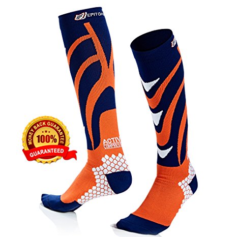 Active Fit Compression Socks (Men & Women) - Premium Graduated Athletic Fit For Running, Cycling, Nurses, Flight Travel, Maternity And For Stamina & Recovery (Orange & Navy - Men's L / Women's XL)