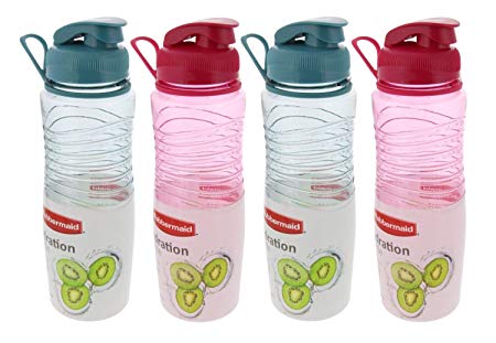 Rubbermaid Hydration Chug Bottles w/Flip-Top Lid-BPA Free, Odor & Stain Resistant-Great for On the Go-Finger Loop & Contoured for Easy Grip, 30oz, (2) Coastal Teal & (2) Magenta Fire (4 Pack)