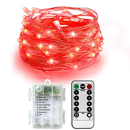 Homeleo AA Battery Powered Waterproof Flexible Copper Wire 50 LED String Lights with Remote, 16.4-Feet (5 Meters), Red