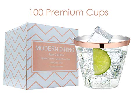 Modern Dining | 100 Rose Gold Plastic Cups 9oz Rimmed Clear Premium Fancy Tumblers Disposable High Quality Elegant Party Plastic Cups for All Dinner Parties