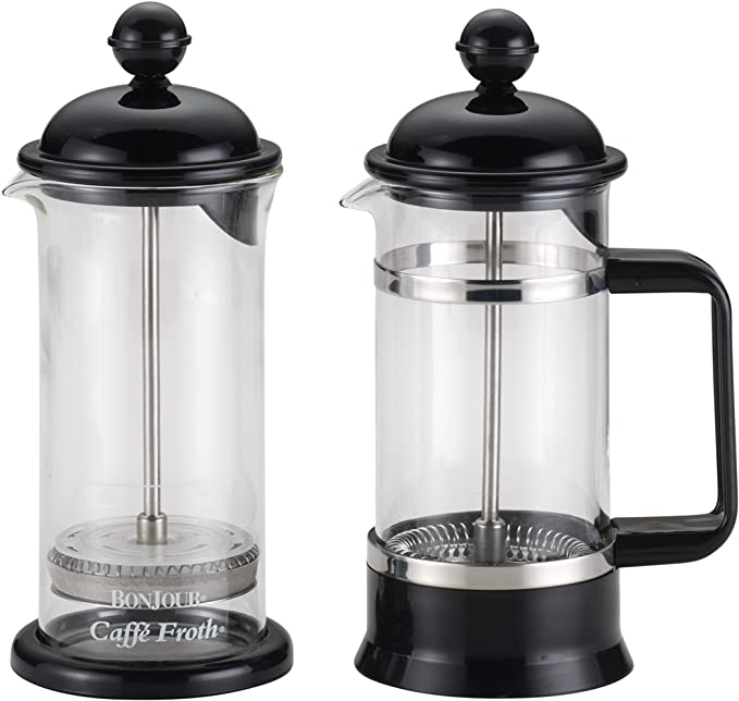 BonJour 53521 3-Cup/12.7-Oz. La Petite Frother Set Borosilicate Glass French Press, 12.7 oz, Black