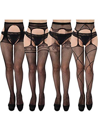 4 Pairs Woman's Black Lace Suspender Stockings Thigh-High Pantyhose Stockings Fishnet Tights for Dressing Favors (Style Set 1)