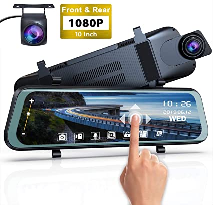 Mirror Dash Cam Front and Rear - 1080P Full HD Stream Media Dual Lens Car Camera 10 Inch Full Touch Screen with 1080P Backup Camera, Super Night Vision, G-Sensor, Parking Monitor, Loop Recording