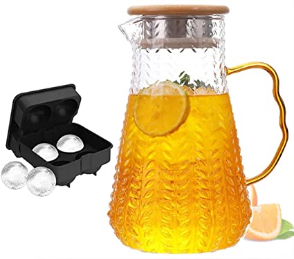 62 Ounces Glass Pitcher with Bamboo Lid, Handmade Water Jug with Unique Wheat Pattern for Hot/Cold Water, Ice Lemon Tea and Juice Beverage