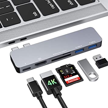 USB C Hub MacBook Pro Adapter, 6-in-2 Type C MacBook Pro Accessories with Thunderbolt 3 100W PD, 4K HDMI, microSD/SD Card Reader, 2 x USB A, for MacBook Pro 2019 2018-2016, MacBook Air 2018/2019