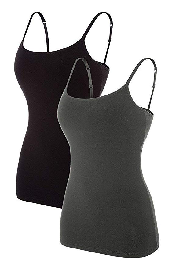 ATTRACO Women Basic Cami Adjustable Spaghetti Strap Built in Bra Tank Top 2 Pack