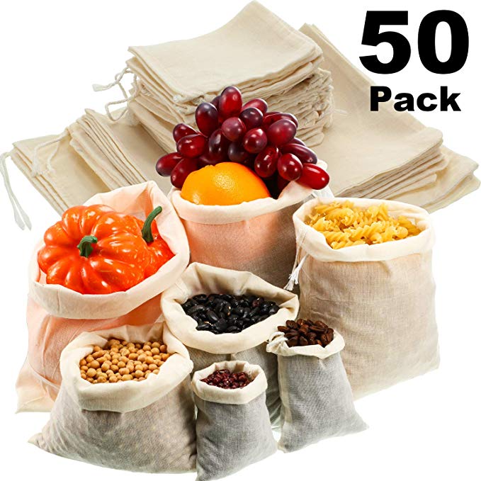 50 Pieces Cotton Drawstring Bags Muslin Bag Reusable Mesh Bags Sachet Snack Spices Bags Crafts Bag 3 Size for Wedding Party Home Supplies Store Spices Crafts Soap or Slag Filtration Soaking