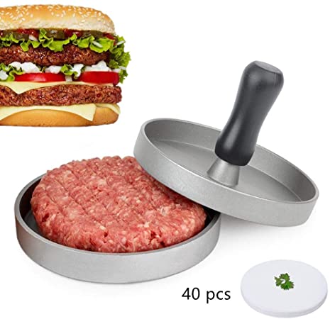 Hamburger Press, Aluminum Patty Mold Handle 4.7 inch Non-Stick Burger Press Maker with 40 Wax Papers