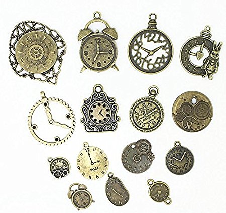 20 Pc Antiqued Charm Lot Mix - Clock Faces, DIY Crafts, Gears, Jewelry Making, Steampunk Pendants