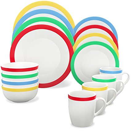 Vremi 16 Piece Dinnerware Set for 4 - Round Porcelain Dinner Plates Bowls Mugs and Dessert Dishes - Casual White Dinnerware with Modern Multi Color Stripe Trim - Microwave and Dishwasher Safe