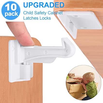 Cabinet Locks Child Safety, Childproof Drawer Locks, Slick Invisible Spring No Drill Baby Proofing Latches for Kitchen Bedroom Cabinets & Drawers with Strong Adhesive & 20 Screws Durable Fixed, 10Pack