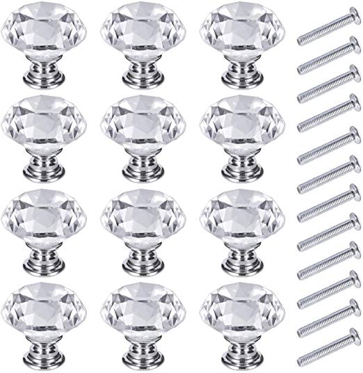 12 PCS Glass Cabinet Knobs - Funitsv Crystal Drawer Knobs Pulls Cabinet Handle 30mm Single Hole for Dresser Drawers,Kitchen Cabinets,Bathroom Cabinet and Door Knobs (12)