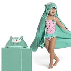 Delta Children Kids Hooded Bath Towel with Pockets - Super Soft and Absorbent- Great Gift for Boys and Girls, Light Teal Owl