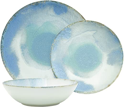 Amazon Brand – Rivet Modern Reactive-Glaze Stoneware 18-Piece Dinnerware Set, Service for 6, Azure Watercolor