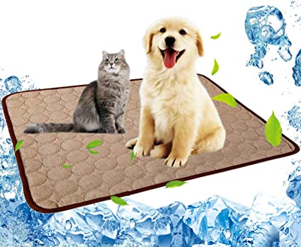 Pet Cooling Mat for Dog Puppy Cat Washable Cooling Pad, Reusable Ice Silk Dog Self Cooling Mat, Pet Sleeping Pad Blanket for Pet Beds Kennels Couches Sofa Floors Car Seats (L: 28×22in, Coffee-2021)