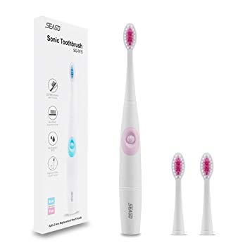 SEAGO NEW Waterproof Slim Electric Toothbrush, EHC-Technology Travel Portable Sonic Toothbrush Battery Operated Electric Sonic Toothbrush 3 Brush Heads SG915 (Pink)
