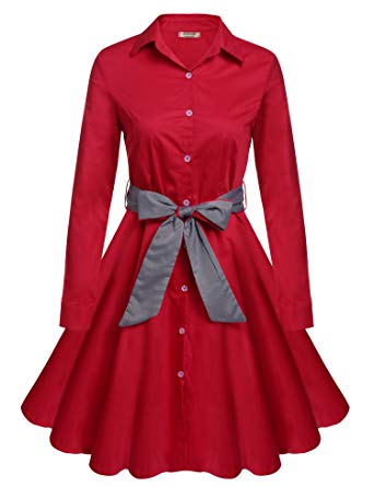 ACEVOG 50s 60s Vintage Long Sleeves Swing Party Shirt Dress with Belt