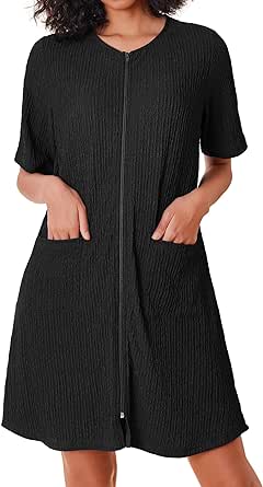 Ekouaer Womens Knit Robe Short Zip Front Bathrobe with Pockets Summer Soft Zippered Bathrobes for Women,Large