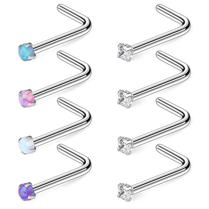 Ruifan 18G 316L Surgical Steel 1.5mm 2mm 2.5mm 3mm Opal & Clear CZ Nose L-Shaped Rings Studs Ring Body Piercing Jewelry 8PCS