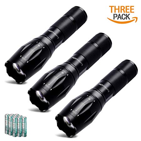 3 Pack Super Bright LED Tactical Flashlights, 300 High Lumens, Zoomable, 3 Modes, IPX6 Waterproof, Aluminum Built to Last. Great for Camping, Hiking, Hurricane & Car (9 Batteries Incl.)