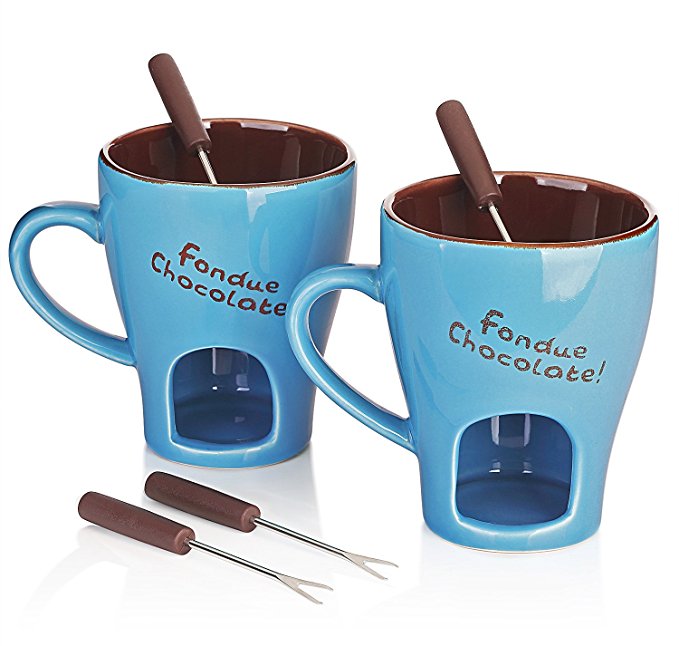 DOWAN Chocolate Fondue Mug Set - Portable Melting Pot for Cheese, Personal Mini Fondue Pot with Handle, 8oz Stoneware Fondue Pot Set of 2, Blue