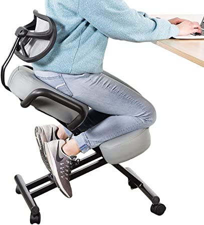 DRAGONN Ergonomic Kneeling Chair with Back Support, Adjustable Stool for Home and Office with Angled Seat for Better Posture - Thick Comfortable Cushions, Gray (DN-CH-K02G)