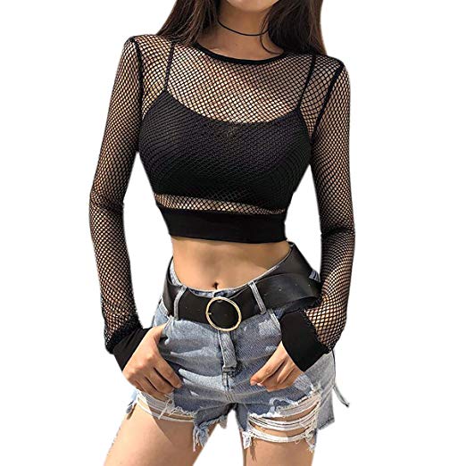 KINGSEVEN Women’s Sexy Hollow Out Mesh Sheer Fishnet Long Sleeves Crop Top See Through T-Shirt Blouse