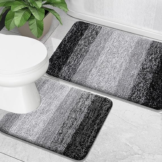 OLANLY Luxury Bathroom Rug Set 2 Piece, Soft Absorbent Microfiber Bath Rugs and U-Shaped Contour Toilet Rug, Non-Slip Bath Carpet, Machine Wash Dry, Bath Mats for Bathroom (30"x20" 24"x20", Black)