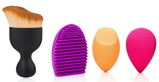 MakeUp Sponge Brush Set. 1 S-shaped Powder Brush,1 MakeUp Brush Washing Cleaning Scrubber Board, 2 Latex-Free Miracle Orange and Pink Use Wet or Dry Sponges (4, black)