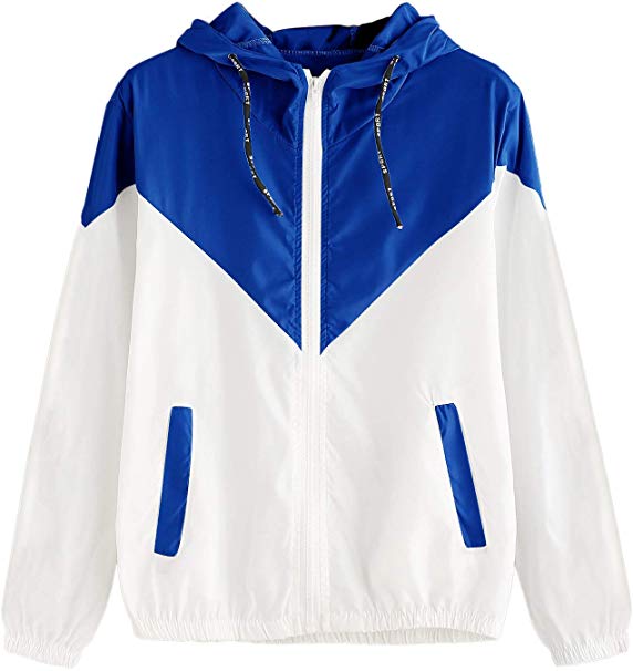 Milumia Women's Color Block Drawstring Hooded Zip Up Sports Jacket Windproof Windbreaker