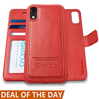 AMOVO Case for iPhone XR [2 in 1] iPhone XR Wallet Case [Detachable Folio] [Vegan Leather] [Card Slot] [Kickstand] iPhone XR (6.1’’) Flip Case Cover with Gift Box Package (iPhone XR (6.1'') Red)