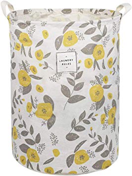 UUJOLY Collapsible Laundry Basket, Laundry Hamper with Handles Waterproof Round Cotton Linen Laundry Hamper Printing Household Organizer Basket, 13.8x17.7 inches, Yellow