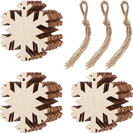 Tatuo 30 Pieces Wooden Snowflake Cutouts Christmas Wood Snowflake Decorations with 30 Pieces Twine Ropes for Kids Crafts Christmas Ornaments