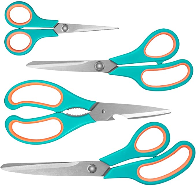 Kitchen Scissors, Multipurpose Scissors Bulk 4-Pack, Ultra Sharp Blade Shears, Comfort-Grip Handles, Sturdy Sharp Scissors for Office Home School Sewing Fabric Craft Supplies, Fit Both Right