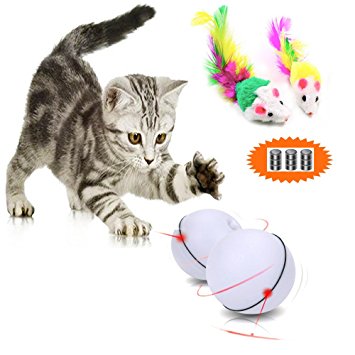 [New Product Promotion] Malier Interactive Cat Toy Ball 360 Degree Automatic Rotation Ball Automatic Light Toy for Cat Dog Pet with 2 Free Furry Mice Toys (3 Packs Batteries Included)