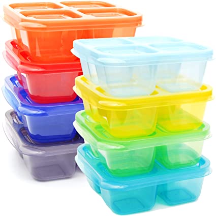 Youngever 8 Pack 4-Compartment Reusable Snack Box Food Containers, Bento Lunch Box, Meal Prep Containers, Divided Food Storage Containers, in 8 Assorted Color