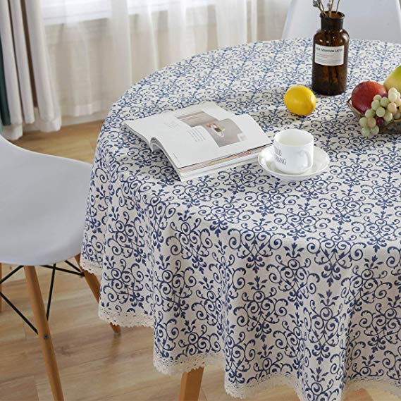 Bringsine Vintage Navy Damask Pattern Decorative Macrame Lace Tablecloth Heavy Weight Cotton Linen Fabric Decorative Table Top Cover (Round, 60 Inch, Navy Damask)