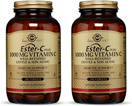 Solgar Ester-C Plus 1000 mg Vitamin C (Ascorbate Complex), 180 Tablets - 2 Pack - Gentle & Non Acidic - Antioxidant & Immune System Support - Non GMO, Vegan, Gluten Free, Kosher - 360 Servings