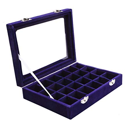 Pasutewel Velvet Glass Ring Jewellery Display Storage Box Jewelry Holder Storage Organizer Stand (Blue-(24 Grids))