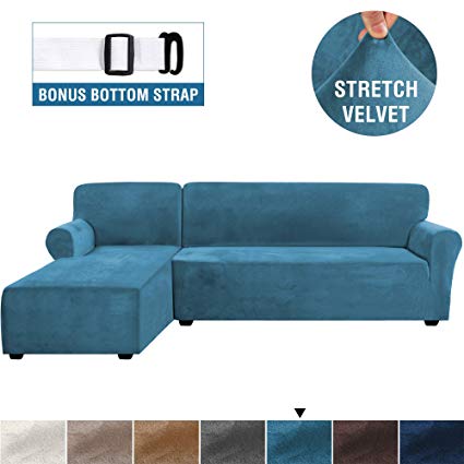 Rich Velvet Stretch 2 Pieces L-Shaped Sofa Covers Anti-Slip Sectional Sofa Slipcovers with Straps Bottom Luxury Thick Velvet Corner Sofa Cover(Large Size=Left Chaise with 2 Seater, Peacock Blue)