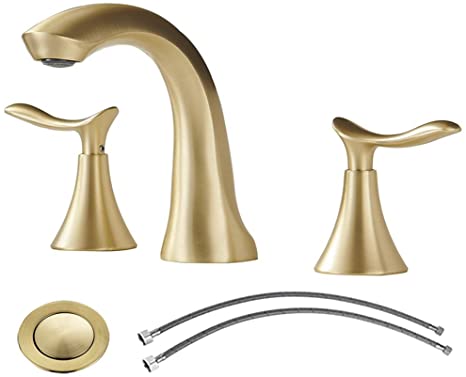 Comllen 2 Handle 3 Hole Brushed Gold 8 Inch Lavatory Widespread Bathroom Faucet, Best Commercial Brass Bathroom Sink Faucet with Pop Up Drain And Supply Lines