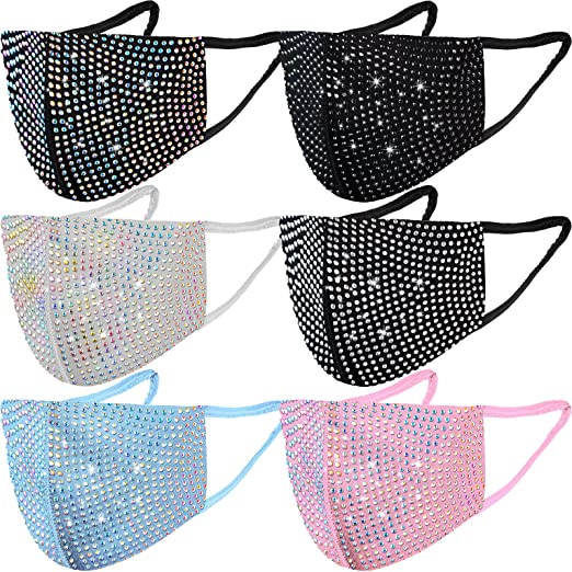 6 Pieces Rhinestone face Mask Adjustable bling Crystal Masquerade Colorful Masquerade Face Covering for Women and Girls
