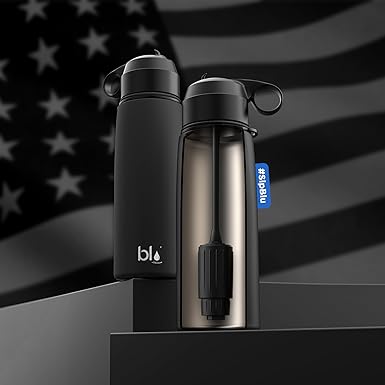 BLU All-in-ONE | Vacuum Insulated Stainless Steel Water Bottle Flask with a Filter (26oz) | Made in The USA | Removes 99.99% contaminants (Regular - Black)