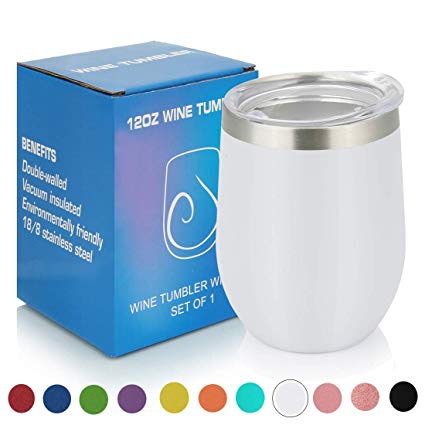 PURECUP Stainless Steel Insulated Wine Tumbler With Lid,12 oz,Double Wall Vacuum Insulated Cup,For Champaign,Cocktail,Beer,Coffee,Drinks,BPA Free(White 1 pack)