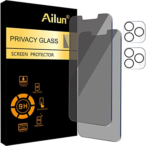 Ailun 2Pack Privacy Screen Protector Compatible for iPhone 13 Pro Max[6.7 inch]   2 Pack Camera Lens Protector,Tempered Glass Film,[9H Hardness] - HD [Black]