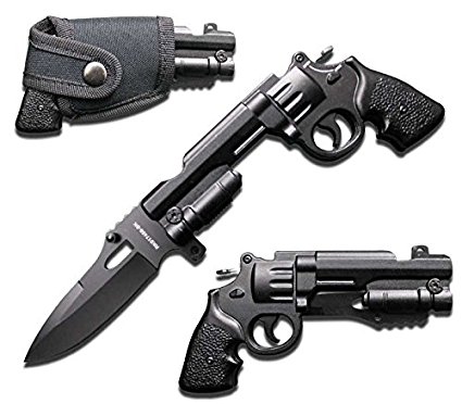 Rogue River Tactical Gun Pistol Revolver 44 Mag Pocket Knife Spring Assisted Opening Folding Black with Holster 440 Blade