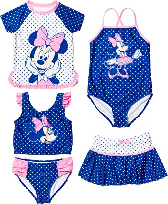 Disney Minnie Mouse Girls One Piece Bathing Suit Bikini Rash Guard Modest Swimsuit Skirt & Bottom 5 Set Toddler to Big Kid